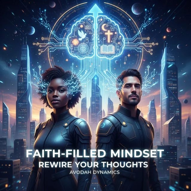 Futuristic blue and black cityscape headset with glowing brain design for faith-filled mindset