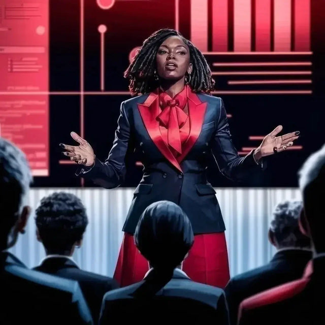 Woman in a red dress and black jacket exemplifying a strong leadership brand in hustle culture.