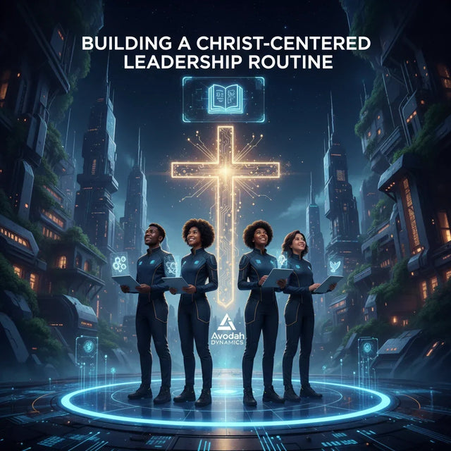Gold cross with glowing center against futuristic cityscape for Christ-centered leadership routine