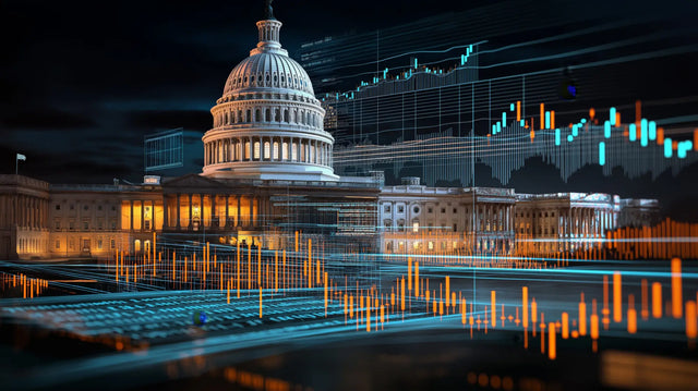 Illuminated U.S. Capitol with stock charts symbolizing building genuine relationships.