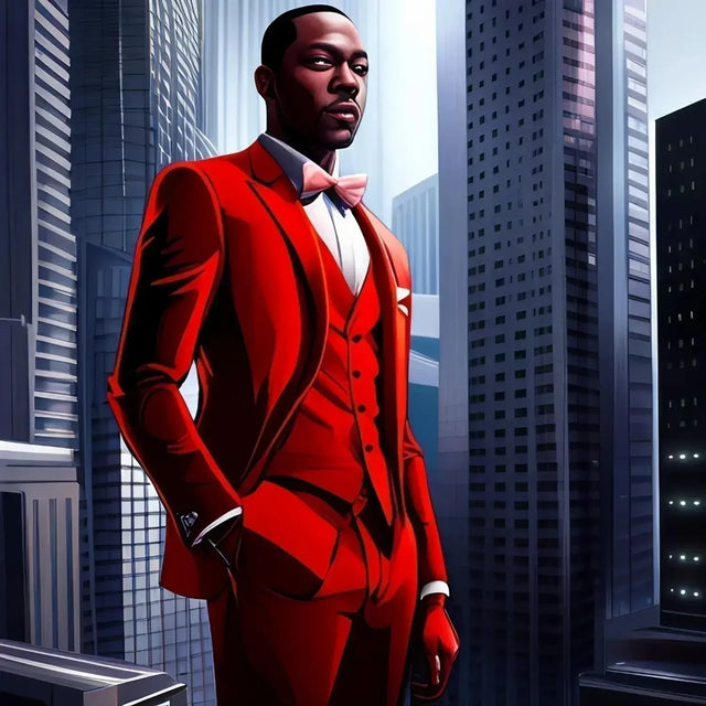 Man in a red suit symbolizes building resilience against adversity in urban landscape.