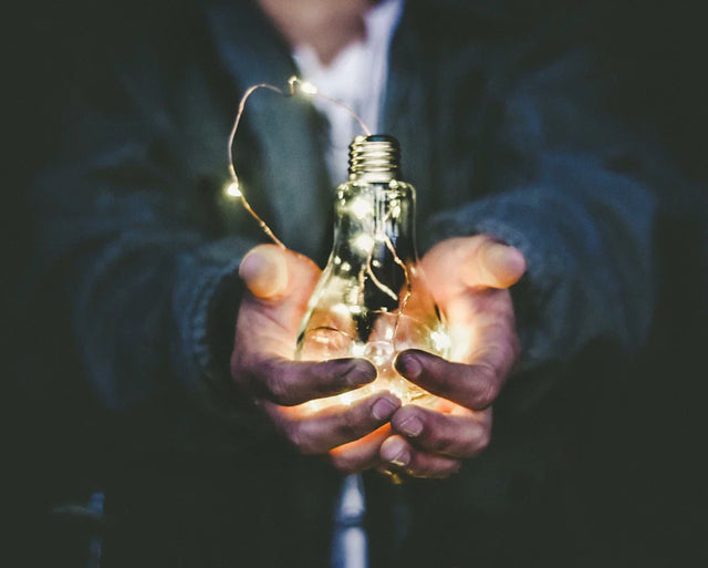 Hands holding a lightbulb filled with fairy lights symbolizing career advancement tools