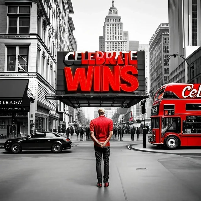 A man celebrating small wins standing confidently in the middle of a street.