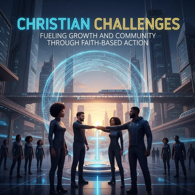 Futuristic cityscape poster with glowing elements and people in sleek uniforms for Christian challenges