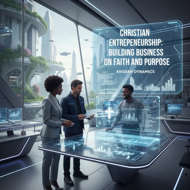 Holographic display table with futuristic design illustrating Christian entrepreneurship and kingdom values
