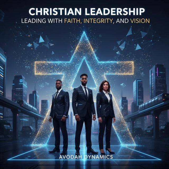 Blue star-shaped holographic light display symbolizes Christian leadership and servant leadership in a futuristic cityscape.
