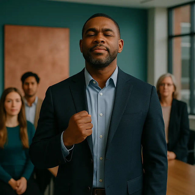 Black man in suit with eyes closed and fist over heart symbolizing Christ’s victory in purpose-driven leadership