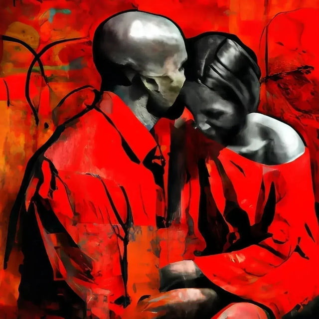 Painting of two people kissing against a red background symbolizing life vision and common ground.