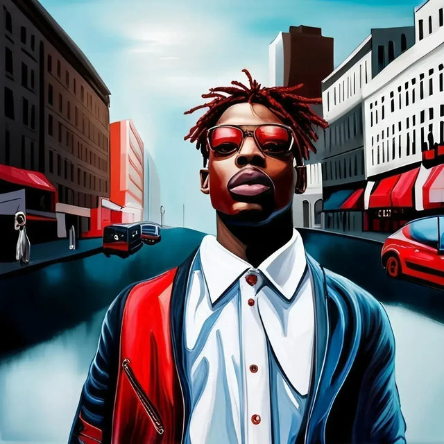 Painting of a man with dreadlocks and sunglasses representing growth mindset in a city street.