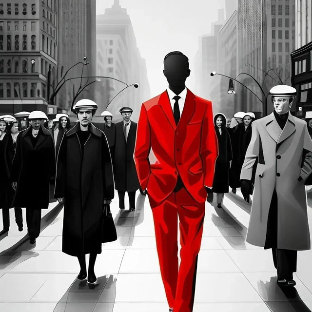 A man in a red suit walking confidently to showcase a unique voice in a crowded market.