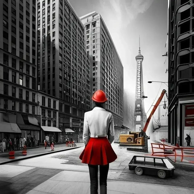 Woman in a red hat walking down the street, symbolizing personal growth and strong support.