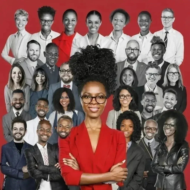 Woman in a red suit exemplifying leadership mindset and emotional intelligence among peers.