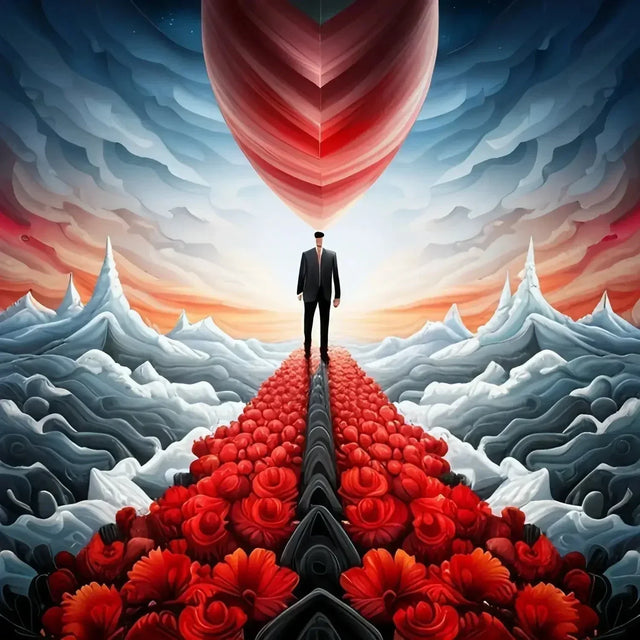 Man standing on a mountain with red flowers, embodying decision making in hustle culture.