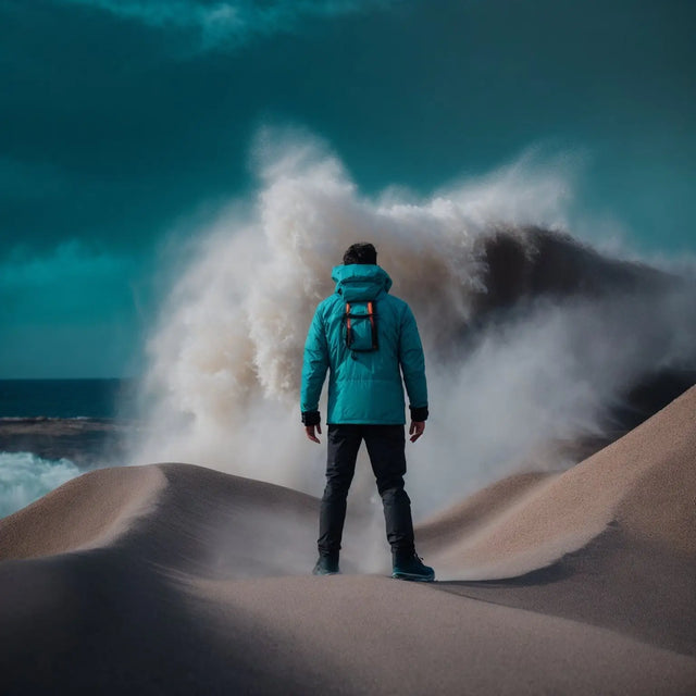 Person in a turquoise winter jacket on sand dunes illustrating a purpose-driven career.