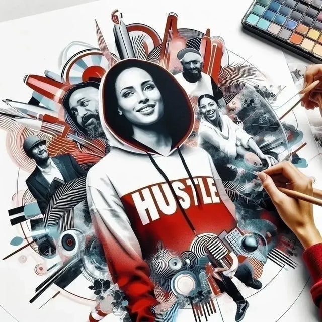 Woman drawing a poster with red and white background, representing hustle culture in today’s world.