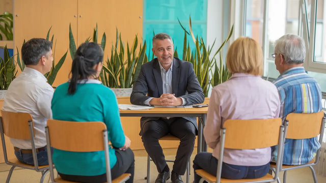 Meeting in an office setting focused on engaging parents and addressing parent concerns.