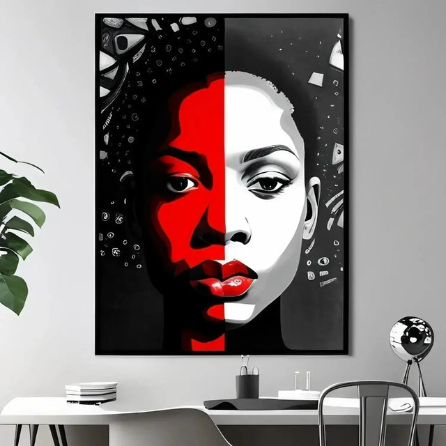 Painting of a woman’s face with red and black paint illustrating effective leadership style.