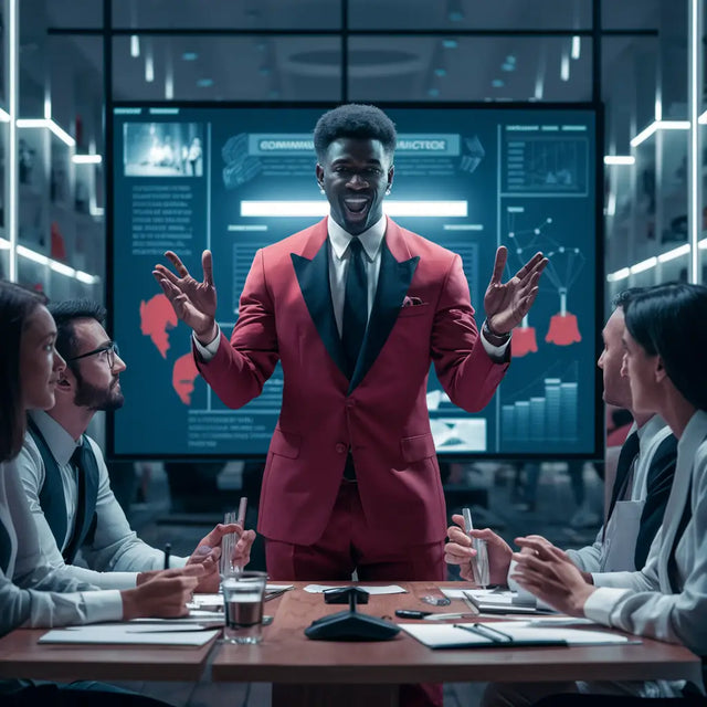 A man in a red suit embracing open communication for professional growth in hustle culture.