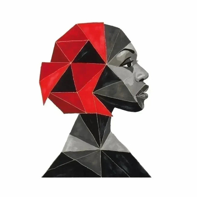 A woman’s head adorned with red and black geometric shapes symbolizing embracing change.