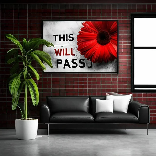 Living room with a couch and a large red flower, symbolizing embracing failure for small victories.