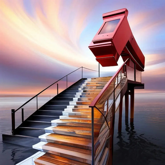 Red mailbox on dock steps symbolizing hustle culture and personal growth journey.