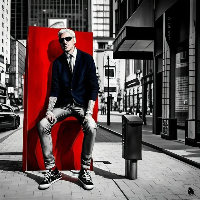 Man on a red chair in the city reflecting on his transformation journey and core values.