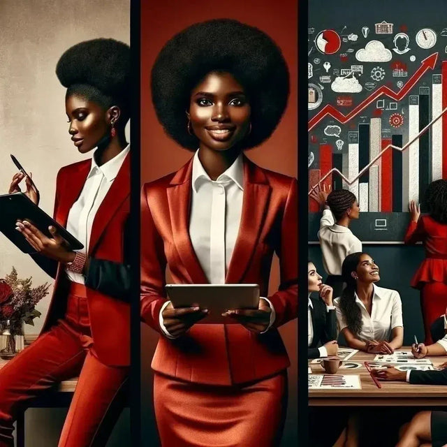 A woman in a red suit embraces change while addressing industry disruptions at her desk.