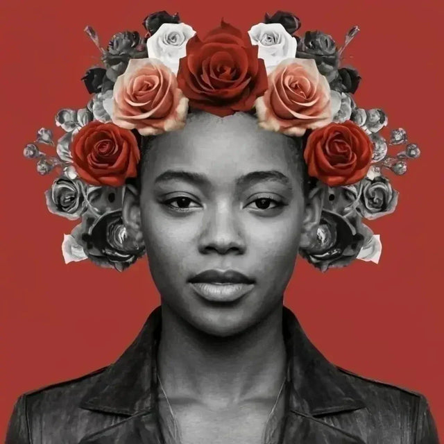 A woman adorned with roses symbolizes Black excellence for future generations.