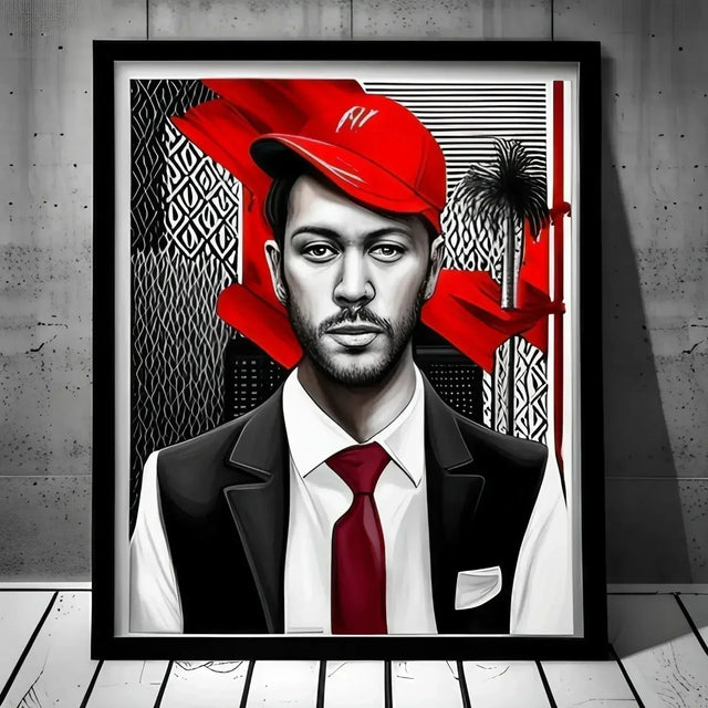 Painting of a man in a red hat reflecting street style in Hustle Culture.