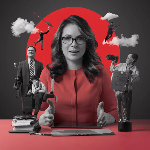 Woman in a red dress at desk, guiding team members toward meaningful contributions.