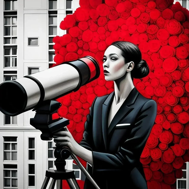 Woman in a suit using a telescope to represent evolving personal vision in life.