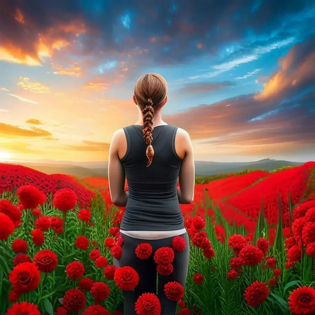 Woman standing in a field of red flowers, embodying gratitude amidst hustle culture.