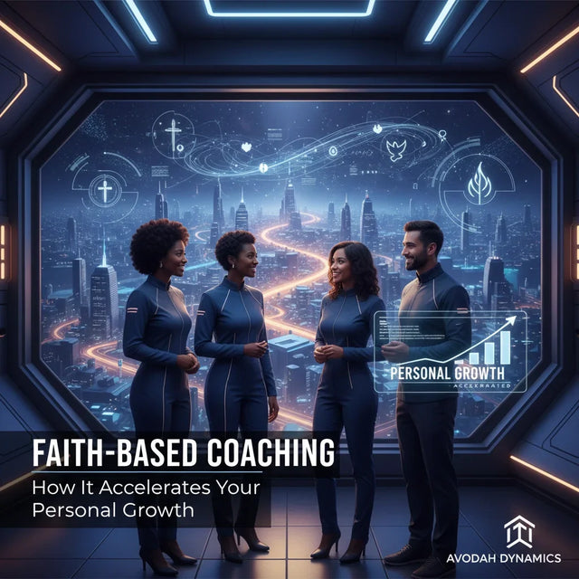 Blue futuristic cityscape seen through spaceship window enhances faith-based coaching for personal growth