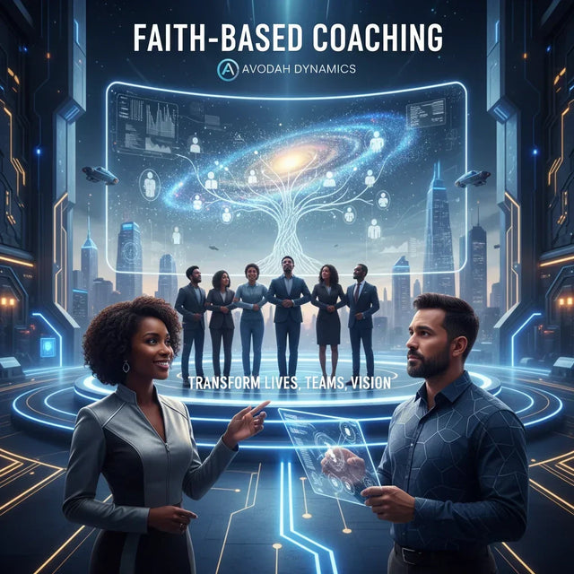 Holographic tablet with futuristic design illustrating faith-based coaching and avodah dynamics