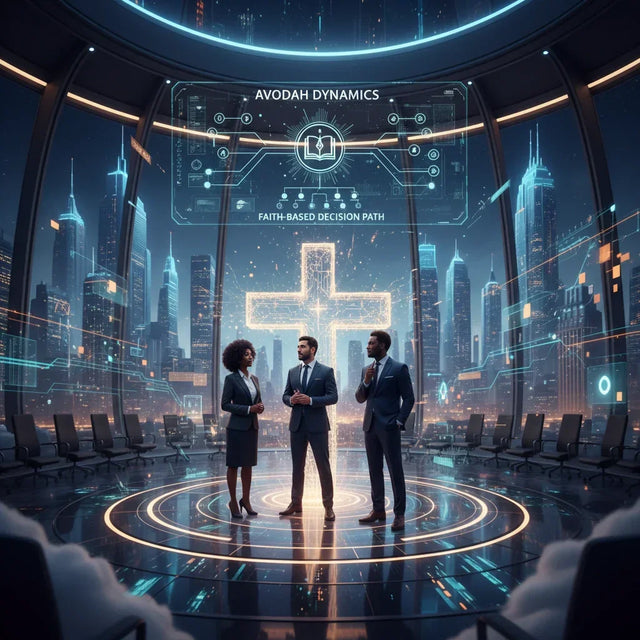 Holographic cross display screen illustrating faith-based decision-making for Christian leaders