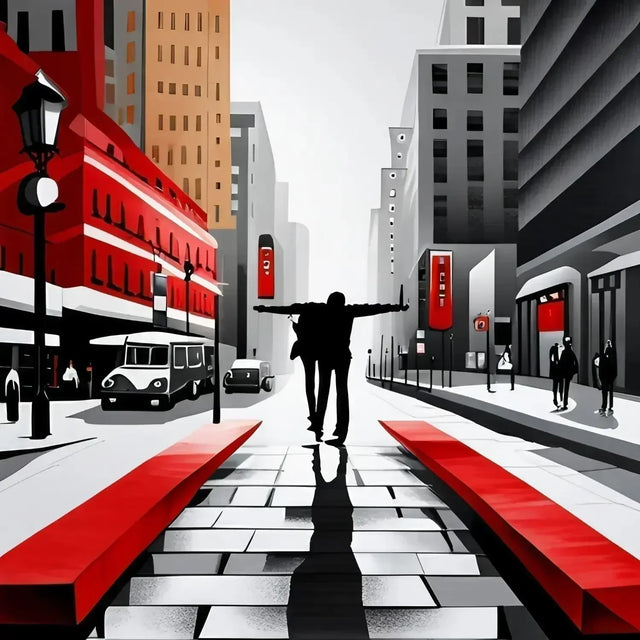 Man walking down street with red bus illustrating hustle culture and finding balance.