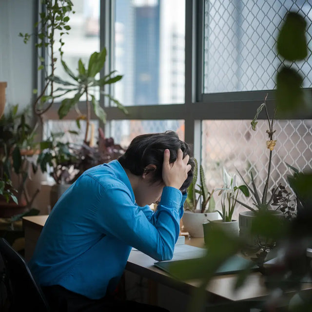 Person in a blue sweater at a desk illustrating overcoming impostor syndrome and God’s calling.