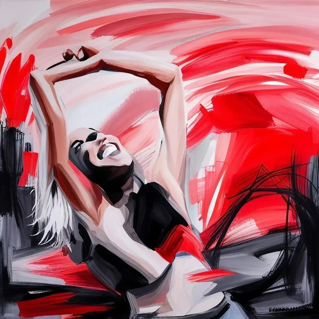 A painting of a woman in a red dress symbolizing finding happiness in small wins.