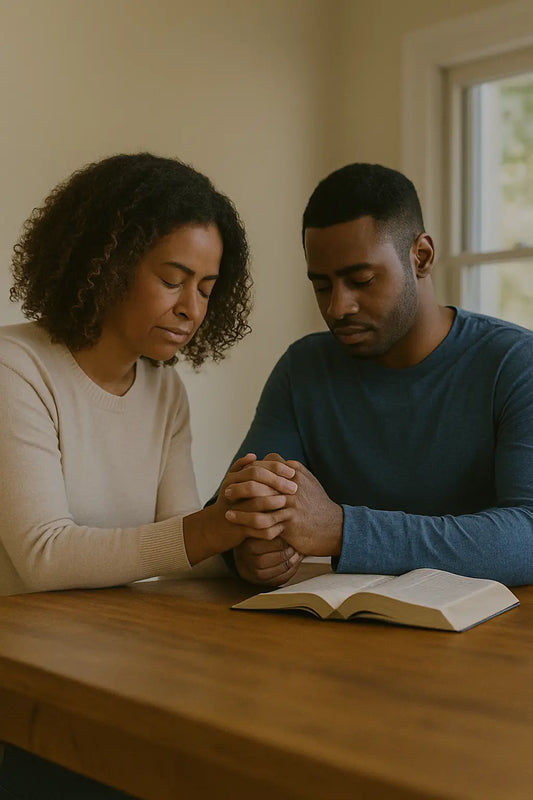 Couple praying with clasped hands over open Bible in leadership journey exploring anger