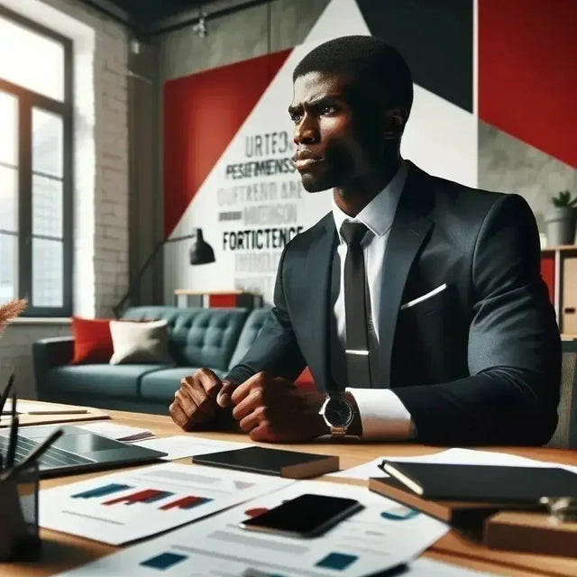 Man in a suit at a desk exemplifying leadership excellence in hustle culture.