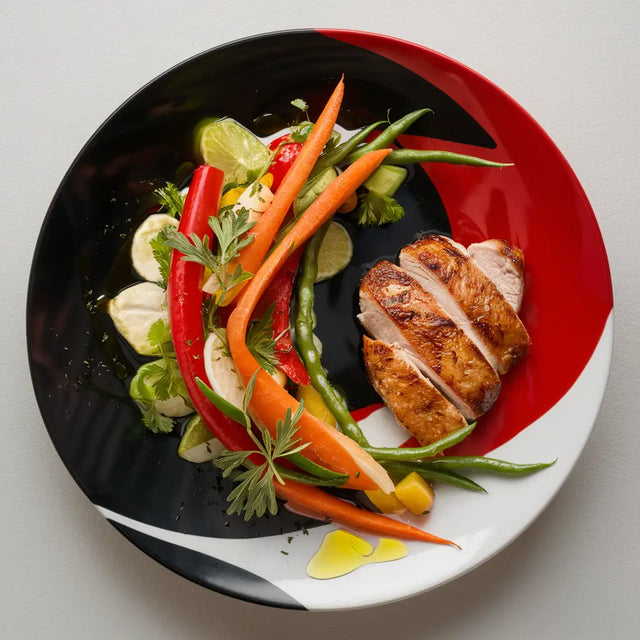 Plate of chicken and vegetables, embodying nutrition tips for busy professionals.