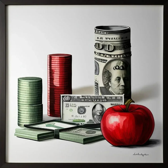 Painting depicting a red apple, stacks of money, and coins symbolizing financial independence.