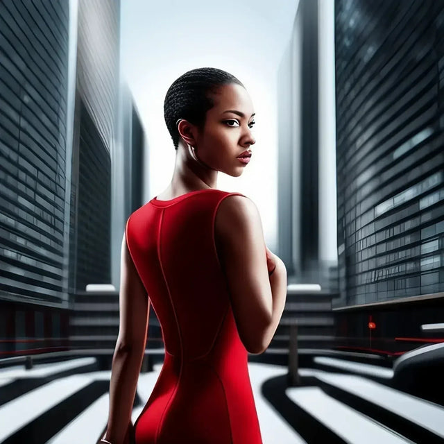 Woman in a red dress symbolizing effective leadership against a city backdrop.