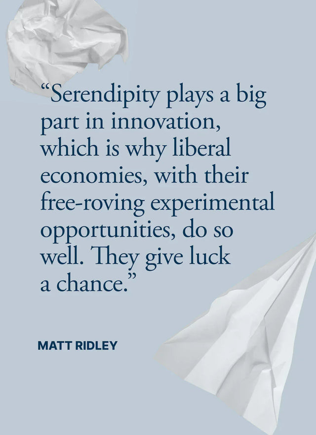Inspirational quote on innovation and serendipity with crumpled paper and paper airplane for Hustle Blueprint on emotional resilience in the entrepreneurial journey