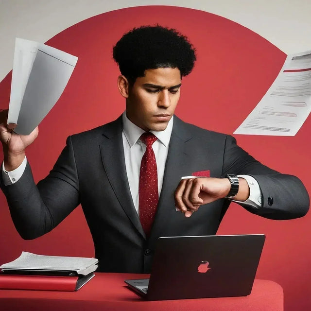 Man in a suit holding papers and a laptop, embodying hustle culture for personal development.