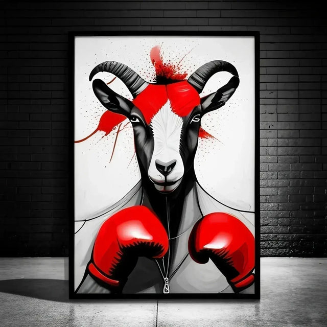 Painting of a goat in boxing gloves symbolizing hard work and true champion mindset.