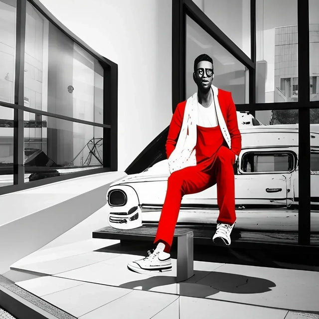 A man in red pants sitting on a car, embodying hustle culture and work-life balance.