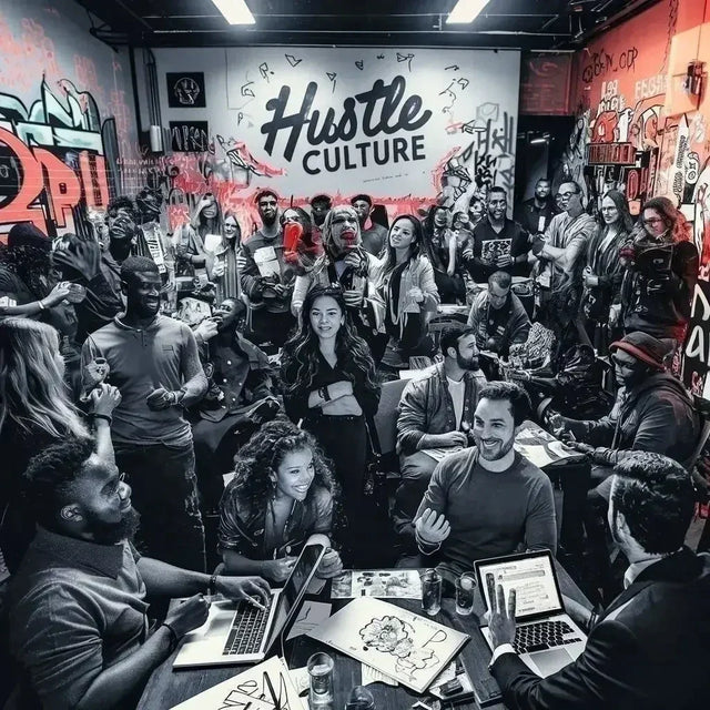 Group of people discussing hustle culture and its impact on personal growth around a table.