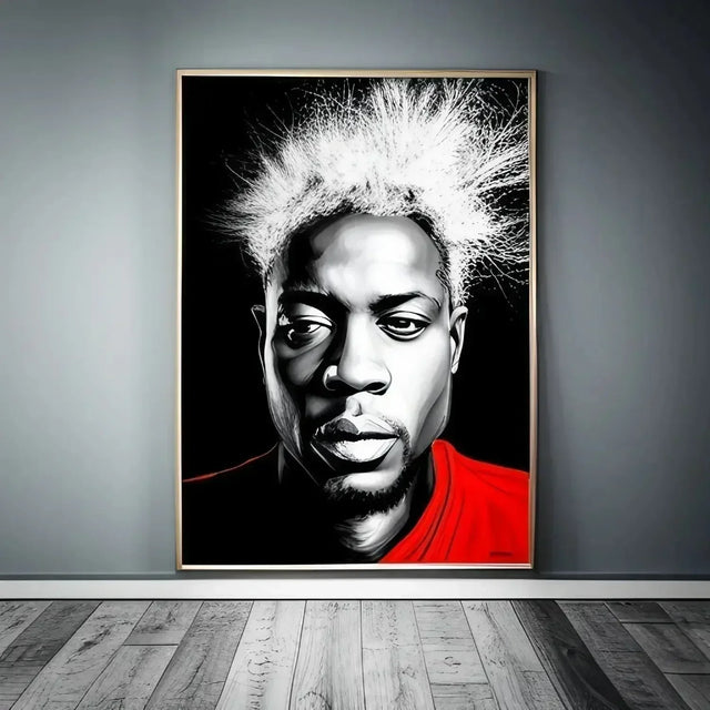 Black and white painting of a man with mohawk hair, symbolizing hustle culture and hard work.