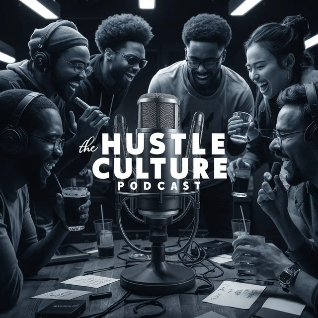 Black and white podcast cover art for The Hustle Culture Podcast with a group around a microphone.